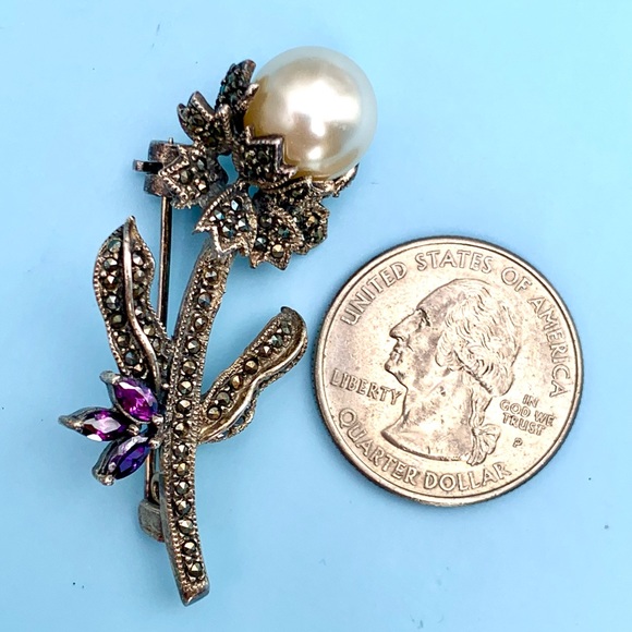 VTG 925 Pearl & Marcasite Flower Stem Silver Brooch Lapel Pin - Picture 4 of 6